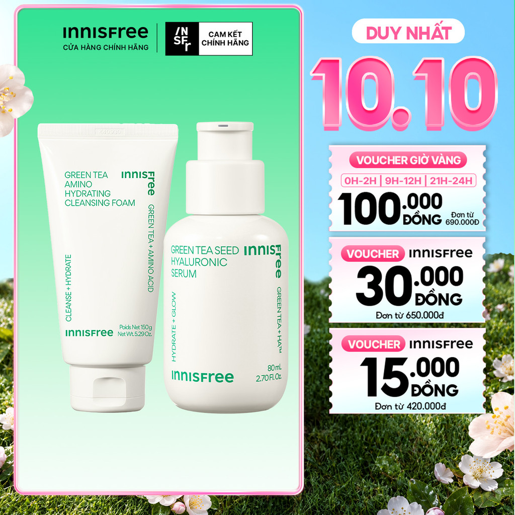 Bộ đôi làm sạch & cấp ẩm Sữa rửa mặt INNISFREE GreenTea Amino Cleansing Foam 150g & Green Tea Seed Hyaluronic Serum 80ml