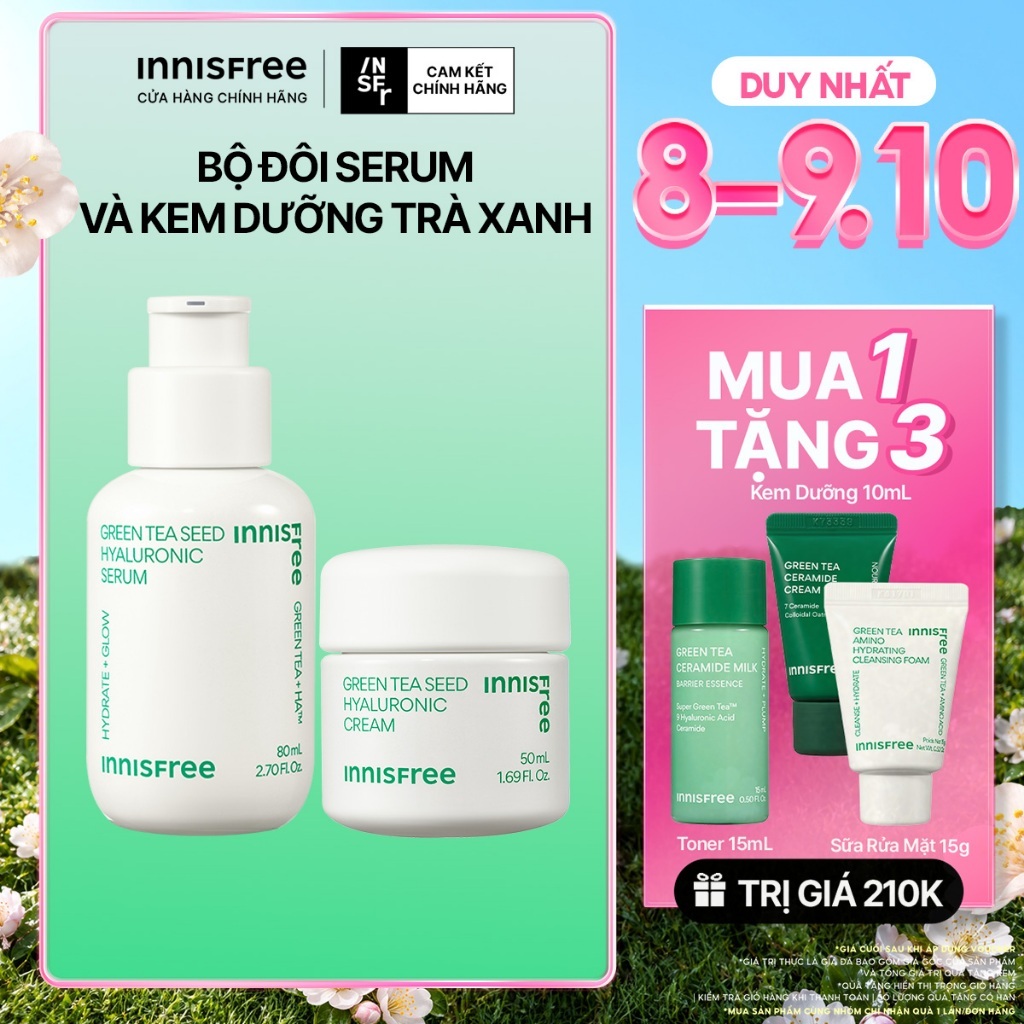 Bộ đôi Serum Trà Xanh INNISFREE cấp ẩm sâu, phục hồi da với Probiotics 80ml và Kem dưỡng ẩm trà xanh 50ml