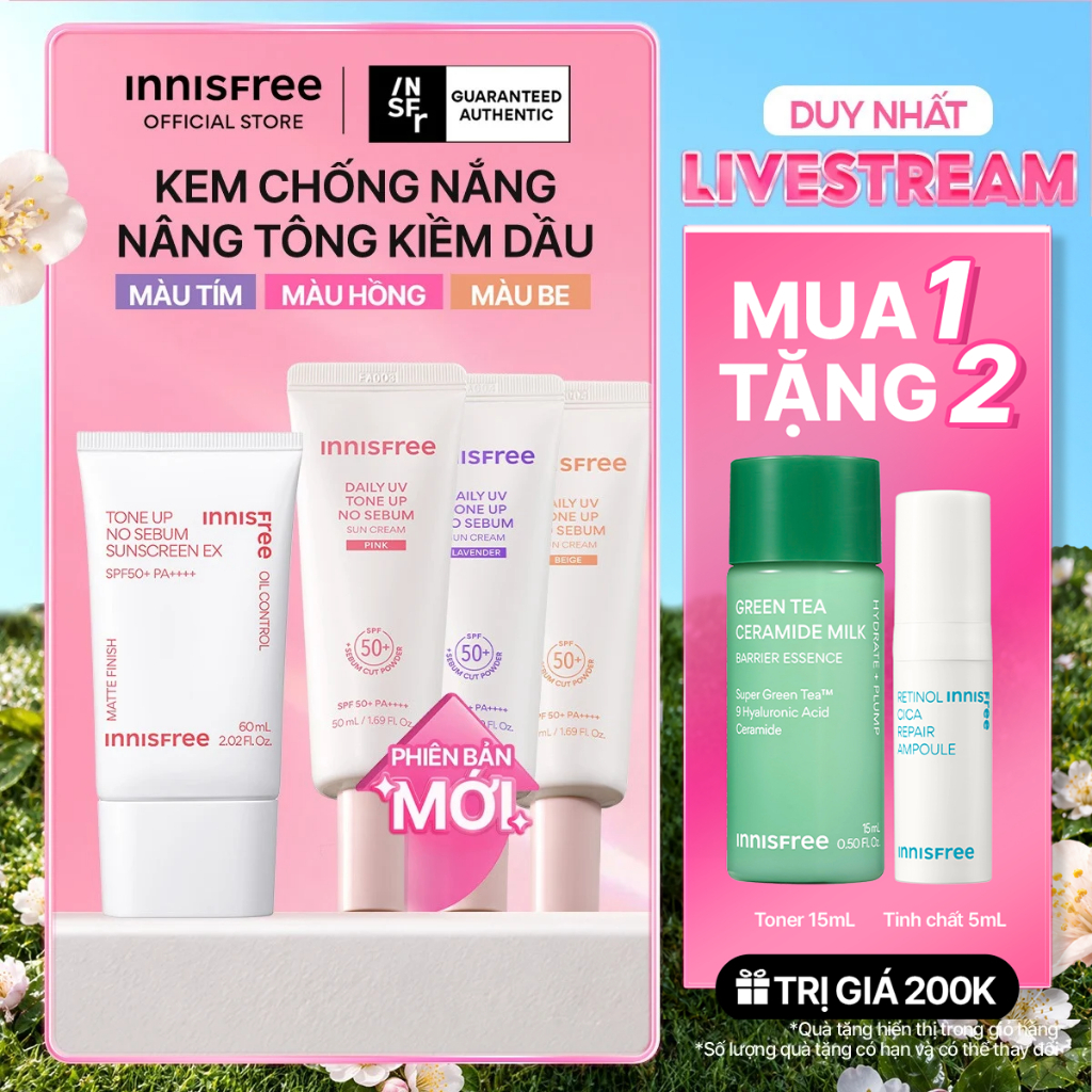 INNISFREE x KOL Kem chống nắng nâng tông kiềm dầu INNISFREE Tone Up No Sebum SPF 50+ PA++++