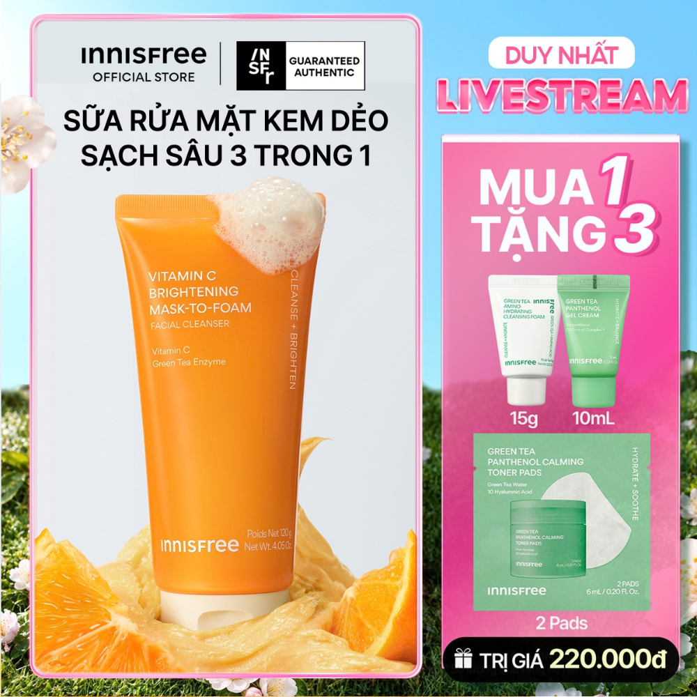 INNISFREE x KOL Sữa rửa mặt kem dẻo sạch sâu sáng da dịu nhẹ INNISFREE Vitamin C Brightening Mask-To-Foam FacialCleanser