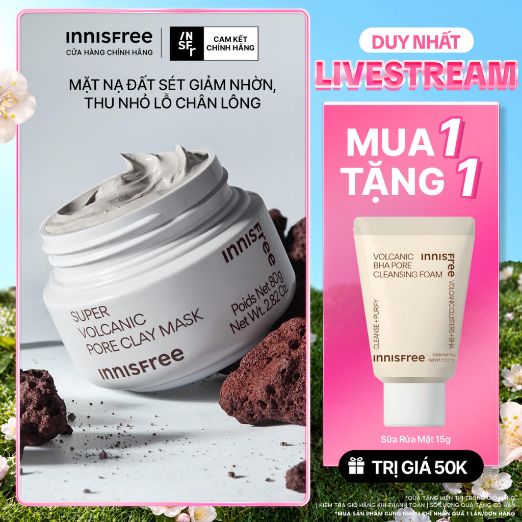 INNISFREE x Siêu mặt nạ đất sét tro núi lửa giảm nhờn, thu nhỏ lỗ chân lông INNISFREE Super Volcanic Pore Clay Mask 80g