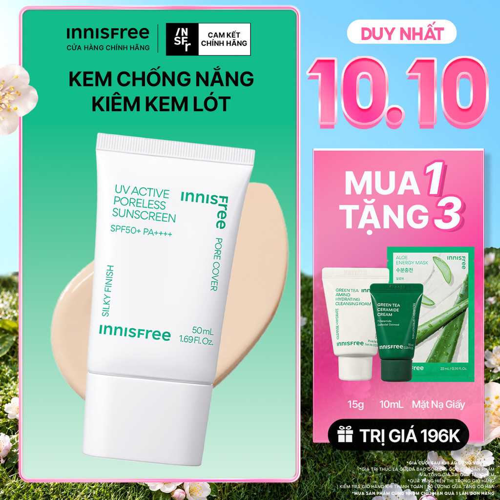 Kem chống nắng kem lót làm mịn lỗ chân lông INNISFREE UV Active Poreless Sunscreen SPF50+ PA++++ 50ml