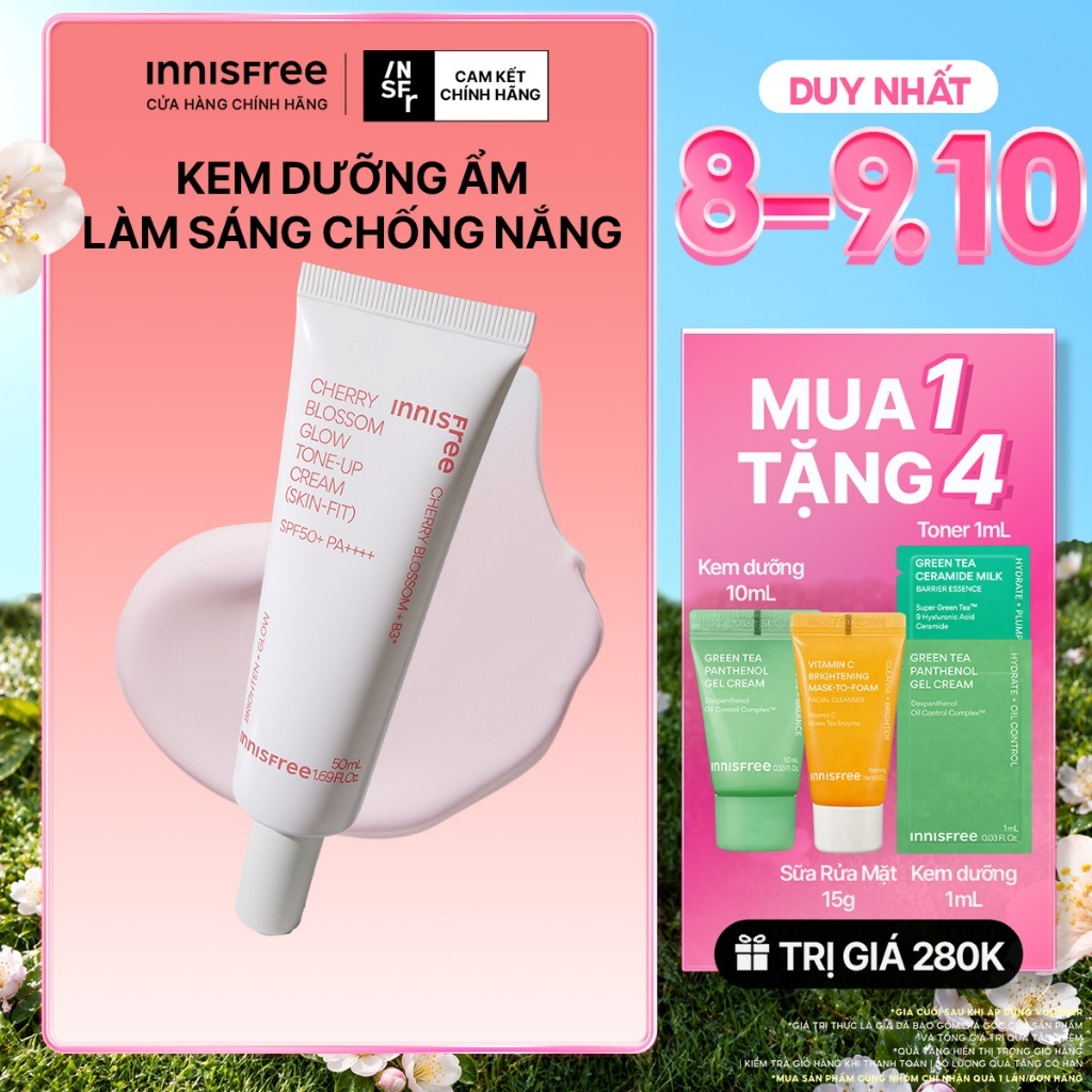 Kem dưỡng ẩm làm sáng chống nắng cho da INNISFREE Jeju Cherry Blossom Skin-Fit Tone-Up Cream SPF 50+PA++++ 50ml