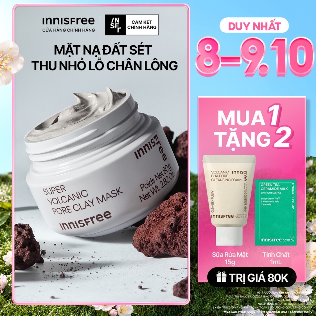 Siêu mặt nạ đất sét tro núi lửa giảm nhờn, thu nhỏ lỗ chân lông INNISFREE Super Volcanic Pore Clay Mask 80g
