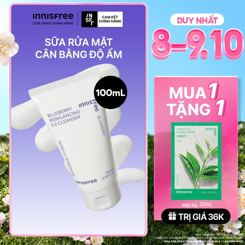 Sữa rửa mặt Blueberry làm sạch, cân bằng dầu và độ ẩm INNISFREE Blueberry Rebalancing 5.5 Cleanser
